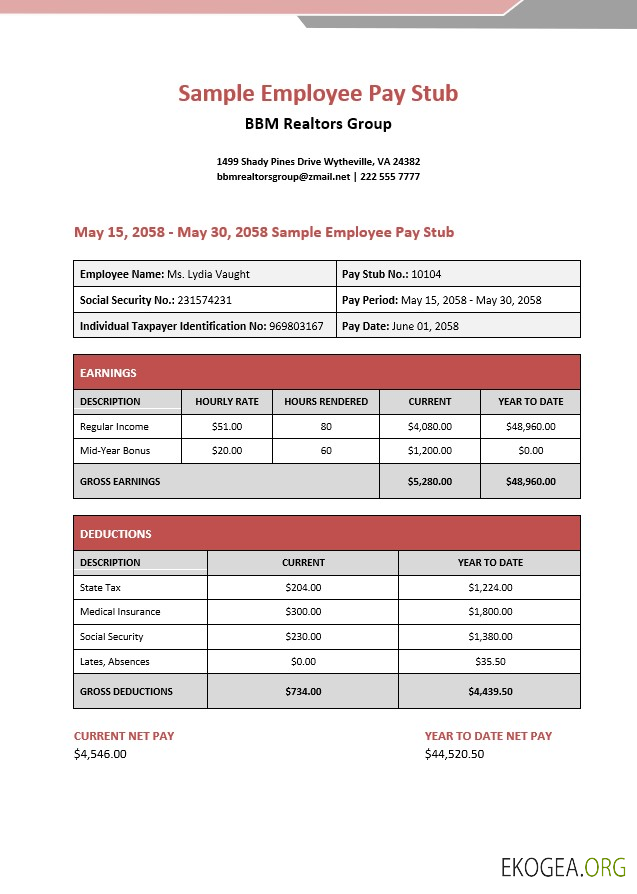 Bulletin de paie des employés du groupe d'agents immobiliers BBM aux formats PDF et Word